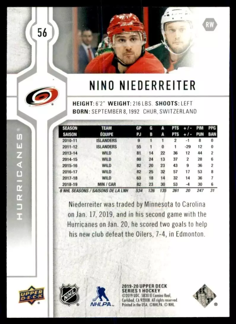 2019-20 Upper Deck #56 Nino Niederreiter 1