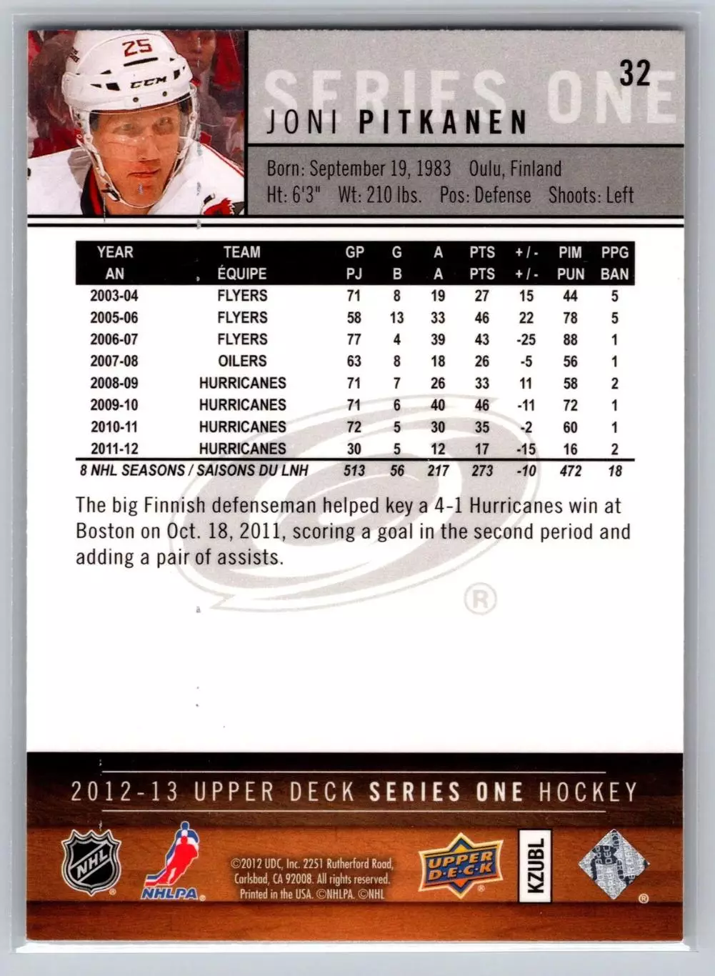 2012-13 Upper Deck #32 Joni Pitkanen 1
