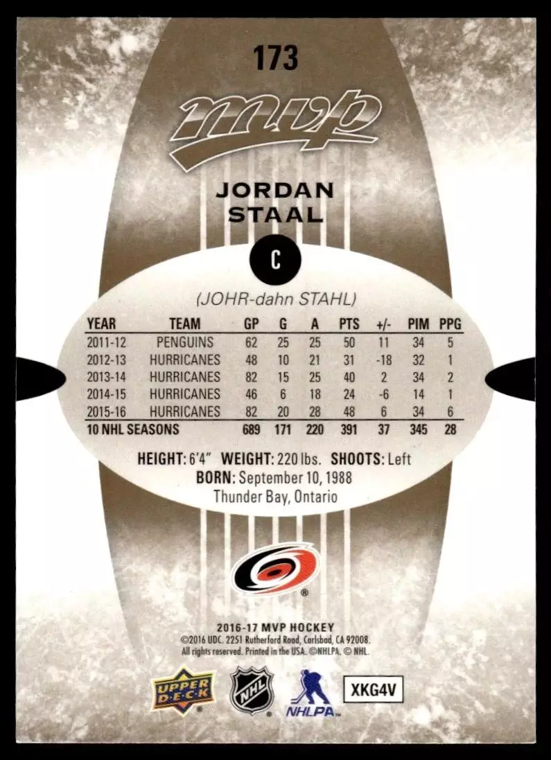 2016-17 Upper Deck MVP #173 Jordan Staal 1