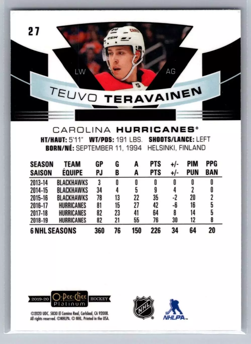 2019-20 O-Pee-Chee Platinum #27 Teuvo Teravainen 1