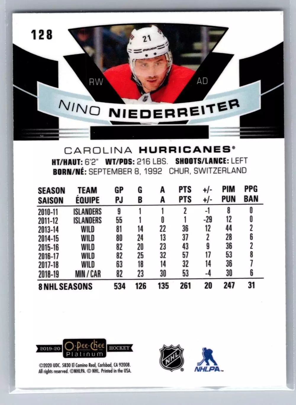 2019-20 O-Pee-Chee Platinum #128 Nino Niederreiter 1