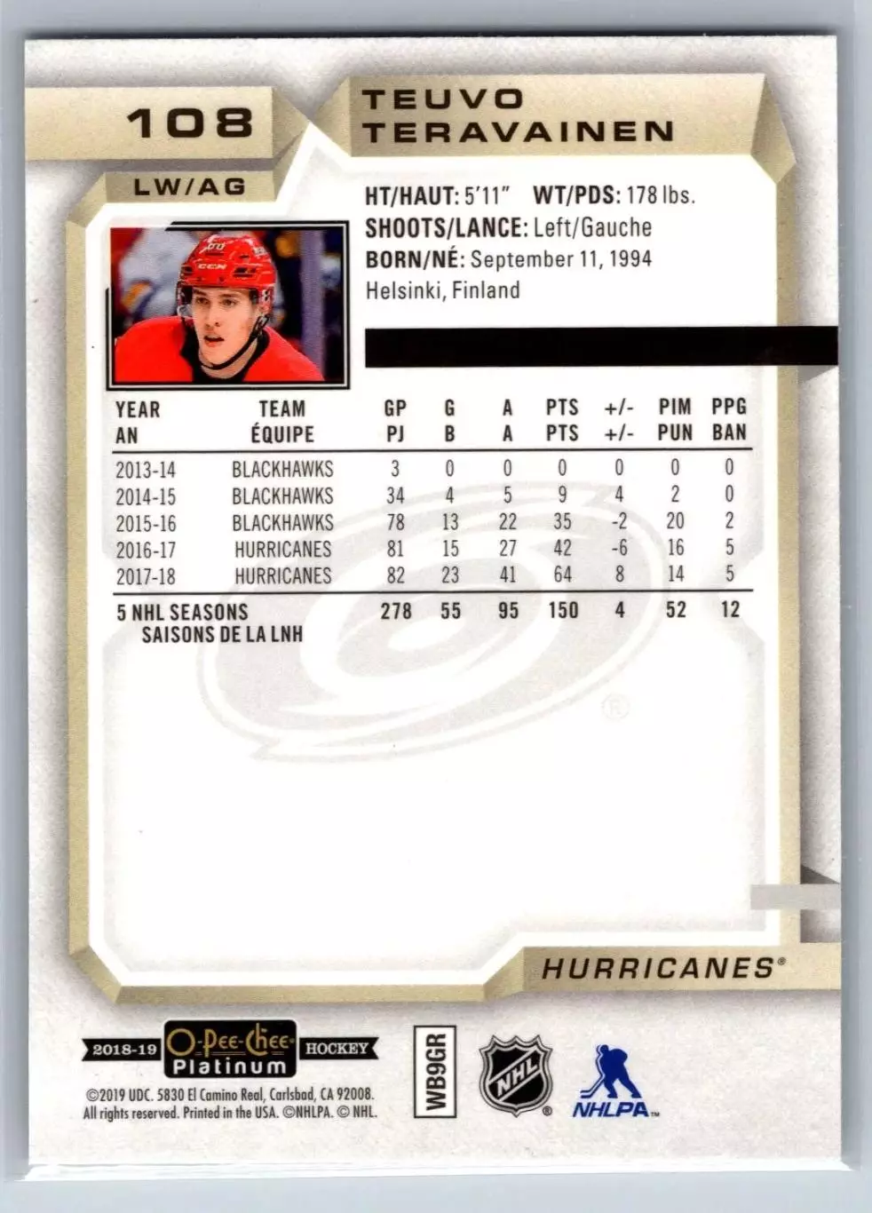 2018-19 O-Pee-Chee Platinum #108 Teuvo Teravainen 1
