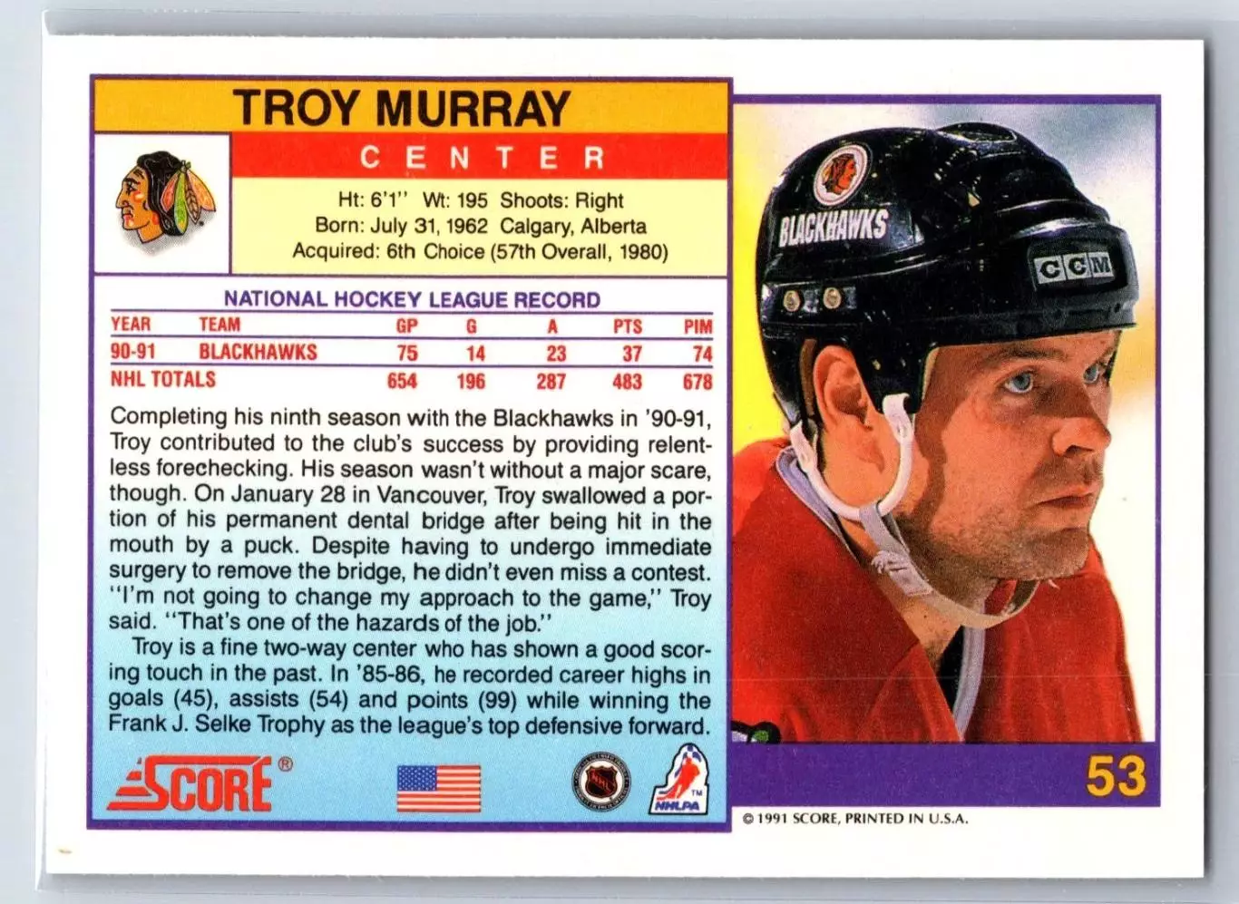1991-92 Score American #53 Troy Murray 1