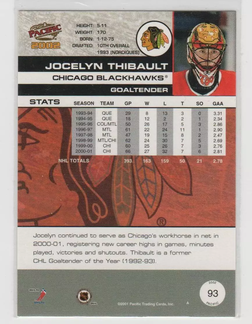 2001-02 Pacific #93 Jocelyn Thibault 1