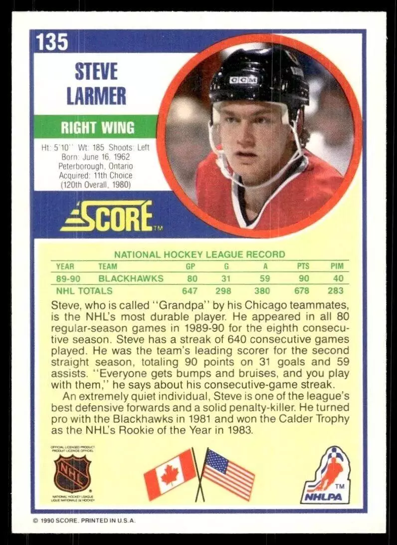 1990-91 Score #135 Steve Larmer 1