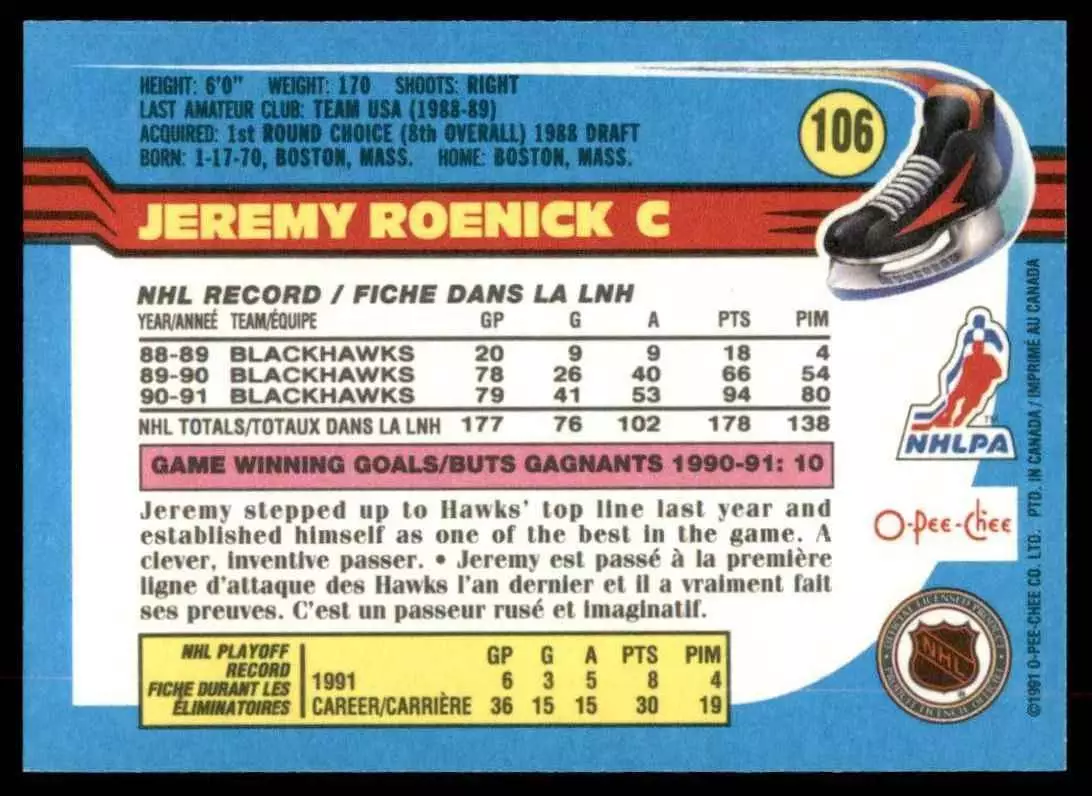 1991-92 O-Pee-Chee #106 Jeremy Roenick 1
