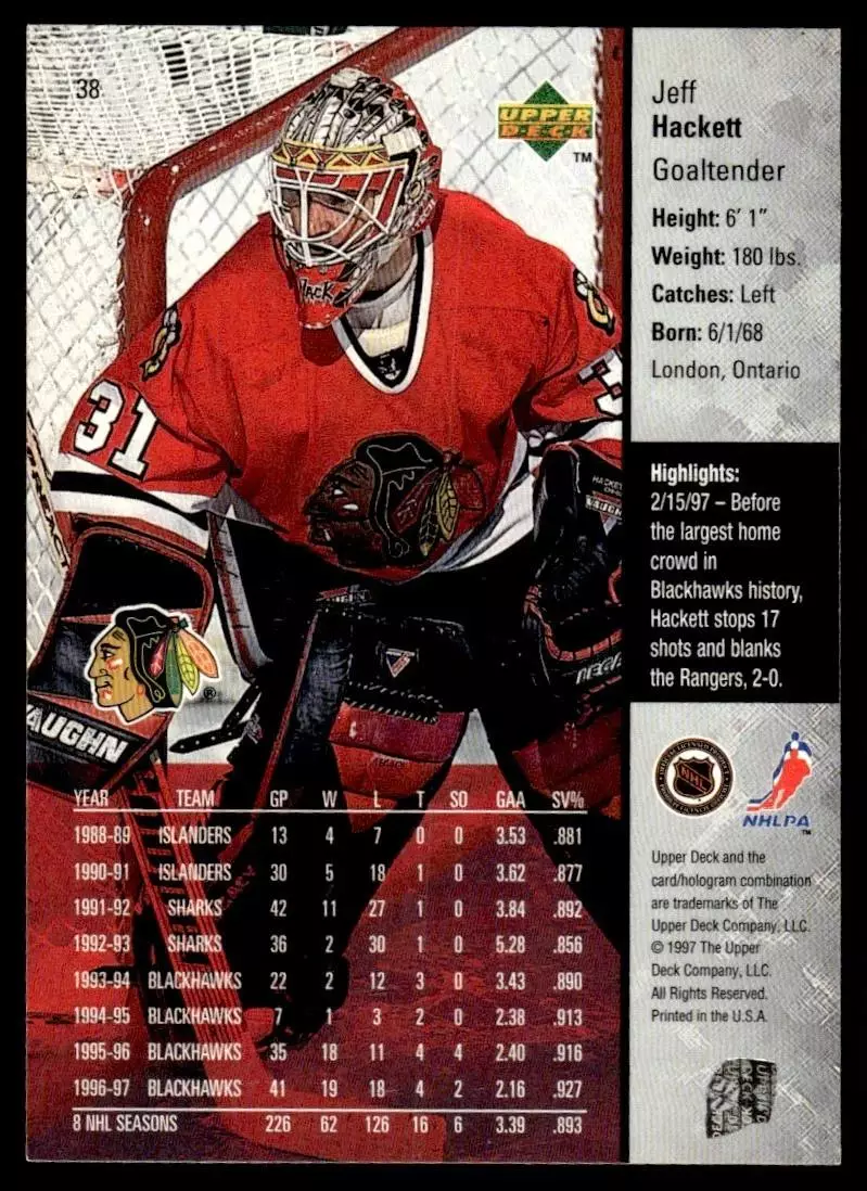 1997-98 Upper Deck #38 Jeff Hackett 1