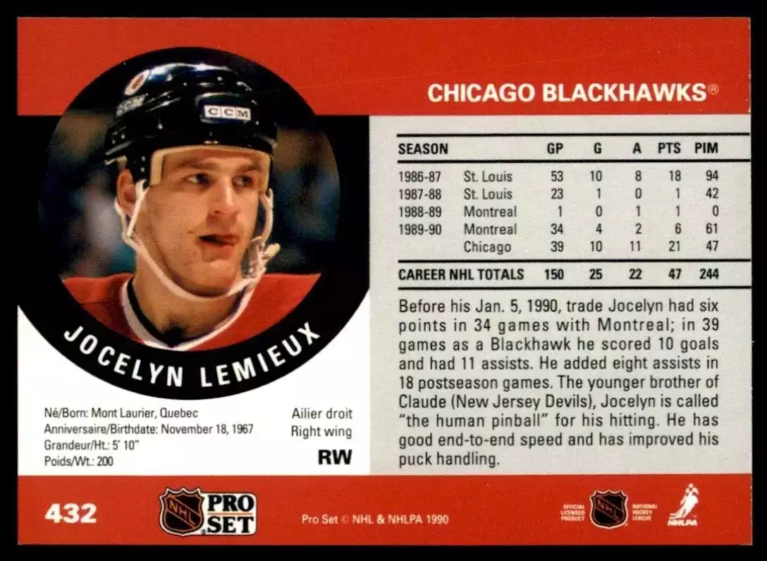 1990-91 Pro Set #432 Jocelyn Lemieux RC 1