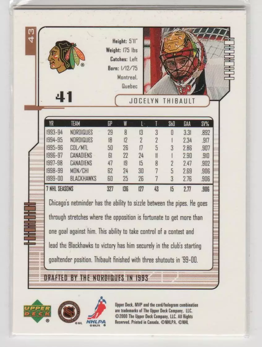 2000-01 Upper Deck MVP #43 Jocelyn Thibault 1