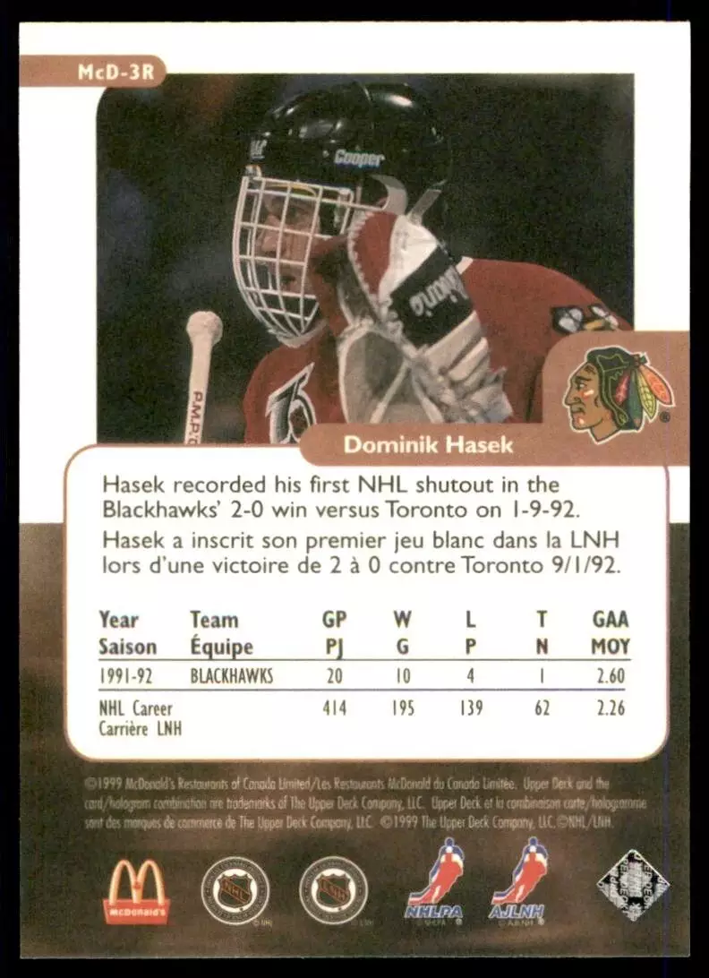 1999-00 McDonald's Upper Deck #MCD3R Dominik Hasek 1