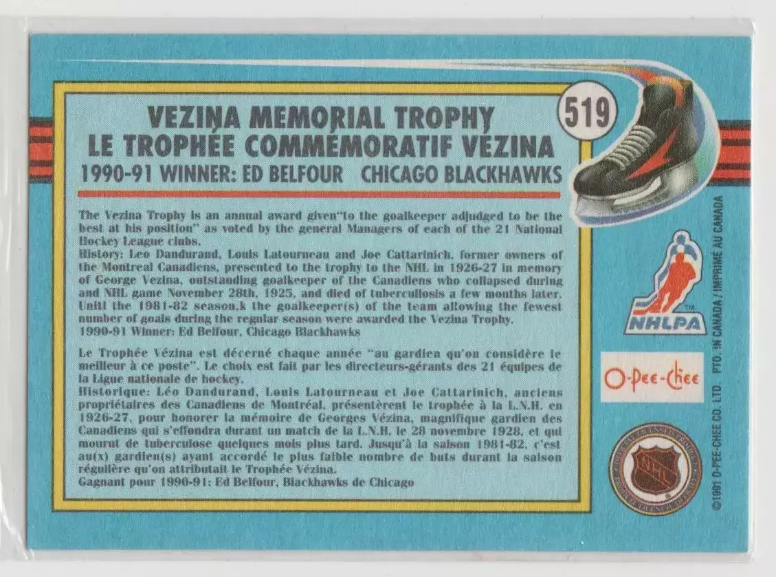 1991-92 O-Pee-Chee #519 Ed Belfour Vezina UER 1
