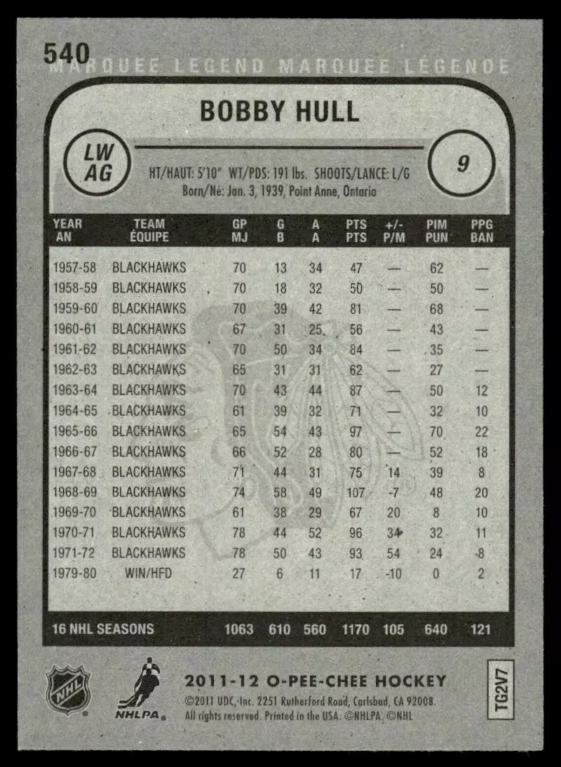 2011-12 O-Pee-Chee #540 Bobby Hull L 1