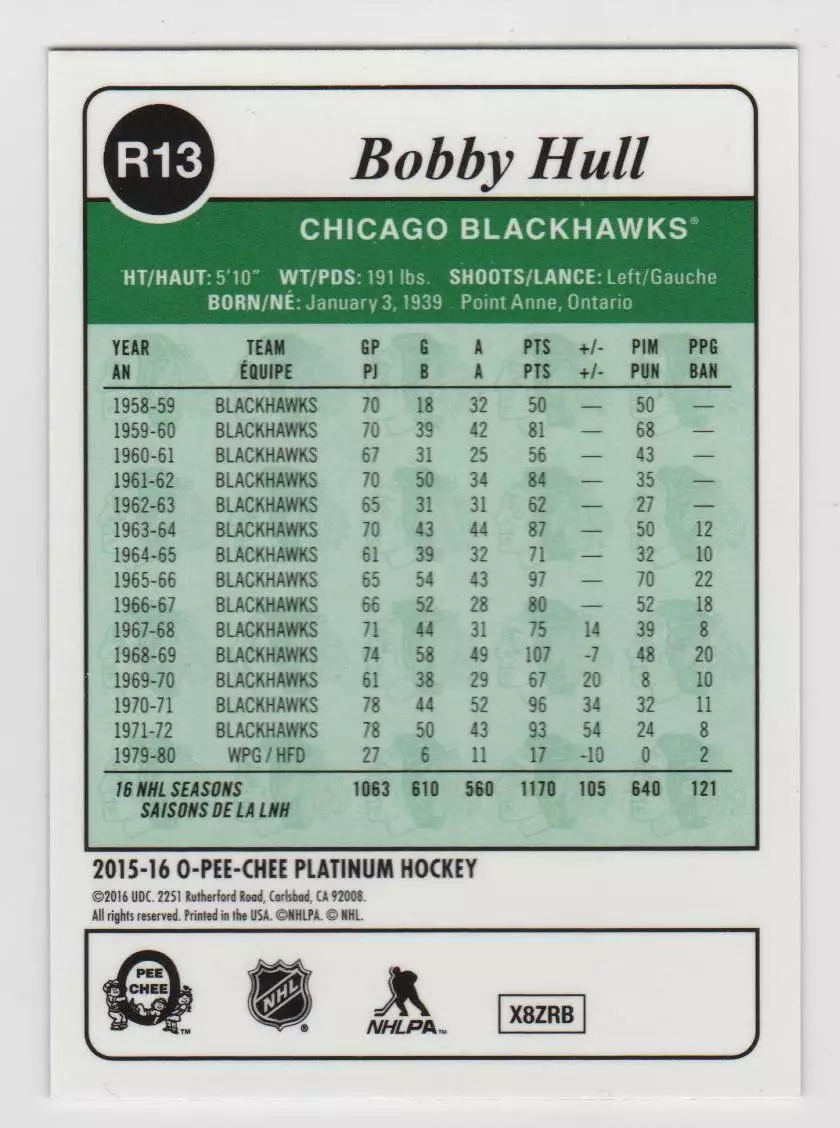 2015-16 O-Pee-Chee Platinum Retro #R13 Bobby Hull 1