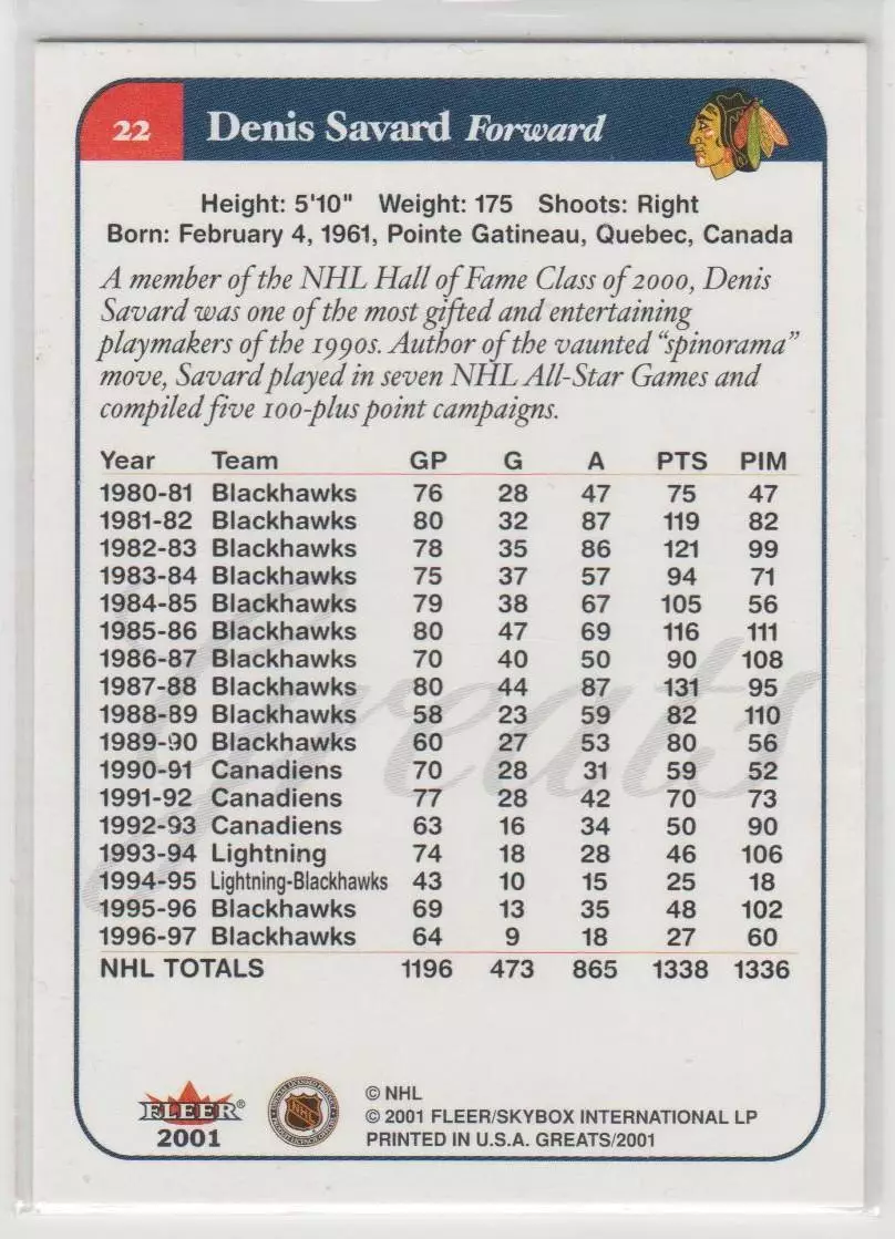 2001-02 Greats of the Game #22 Denis Savard 1