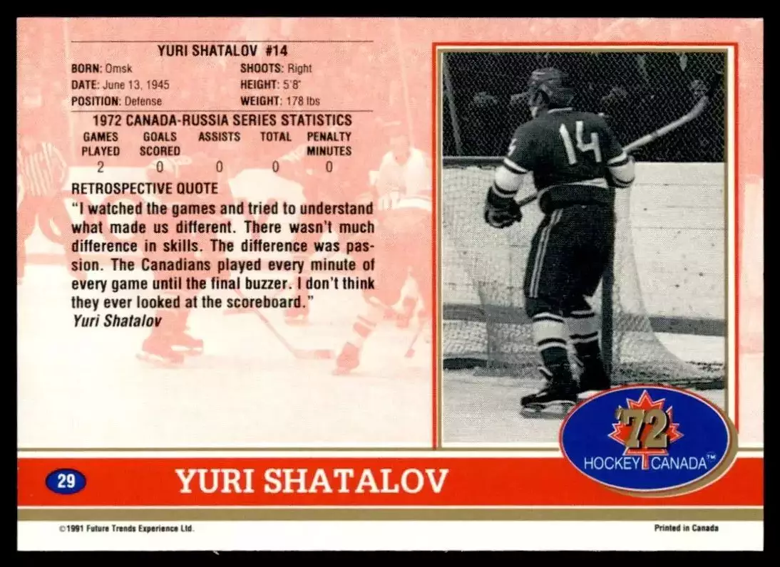 1991-92 Future Trends Canada '72 #29 Yuri Shatalov 1