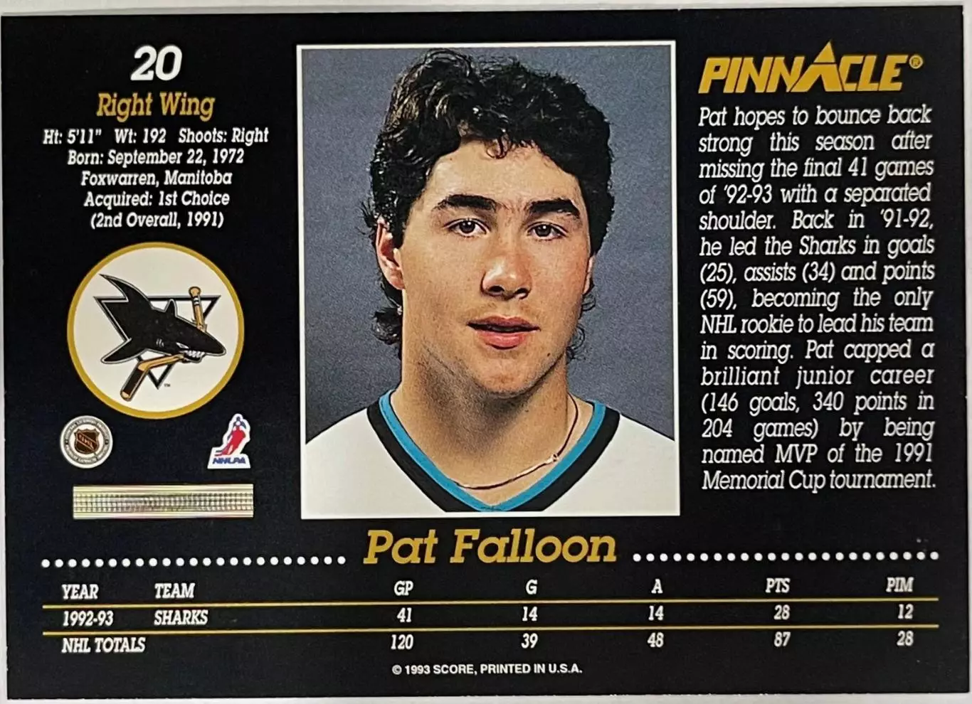 1993-94 Pinnacle #20 Pat Falloon 1