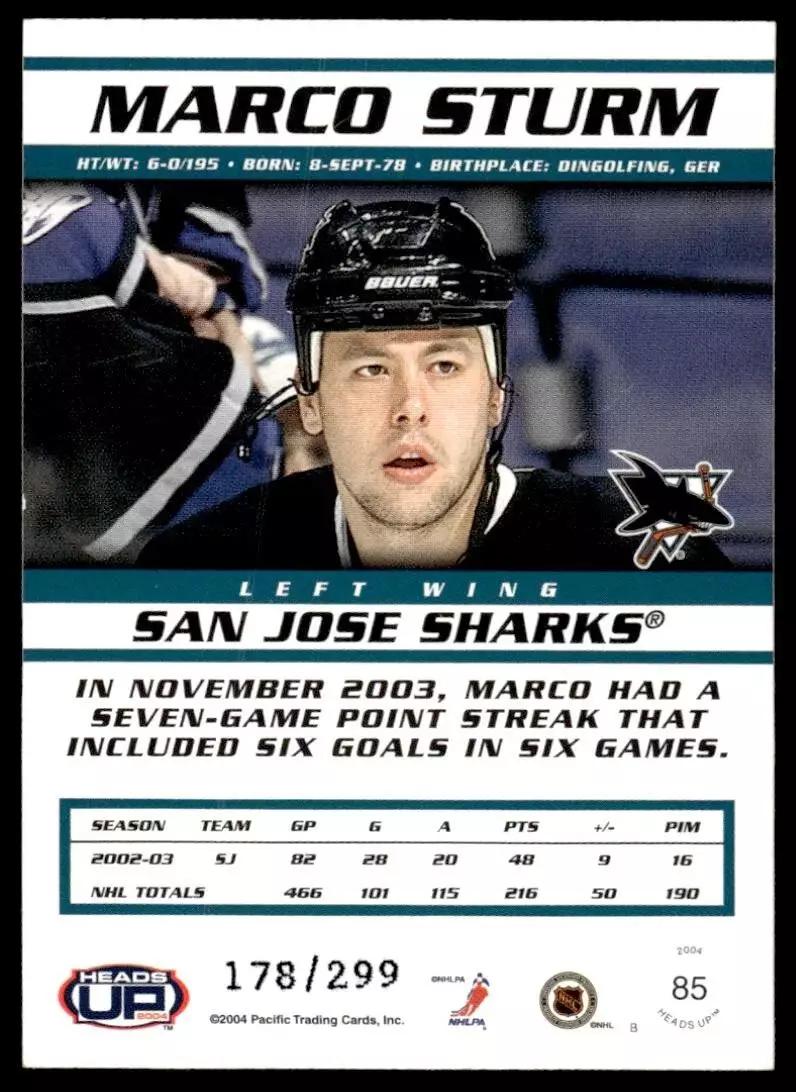 2003-04 Pacific Heads Up #85 Marco Sturm 1