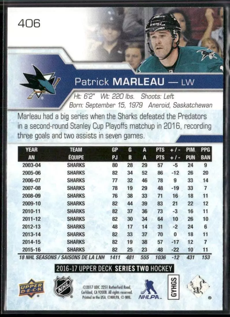 2016-17 Upper Deck #406 Patrick Marleau 1