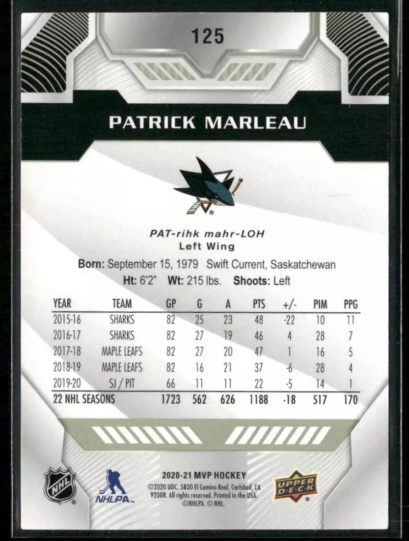 2020-21 Upper Deck MVP #125 Patrick Marleau 1