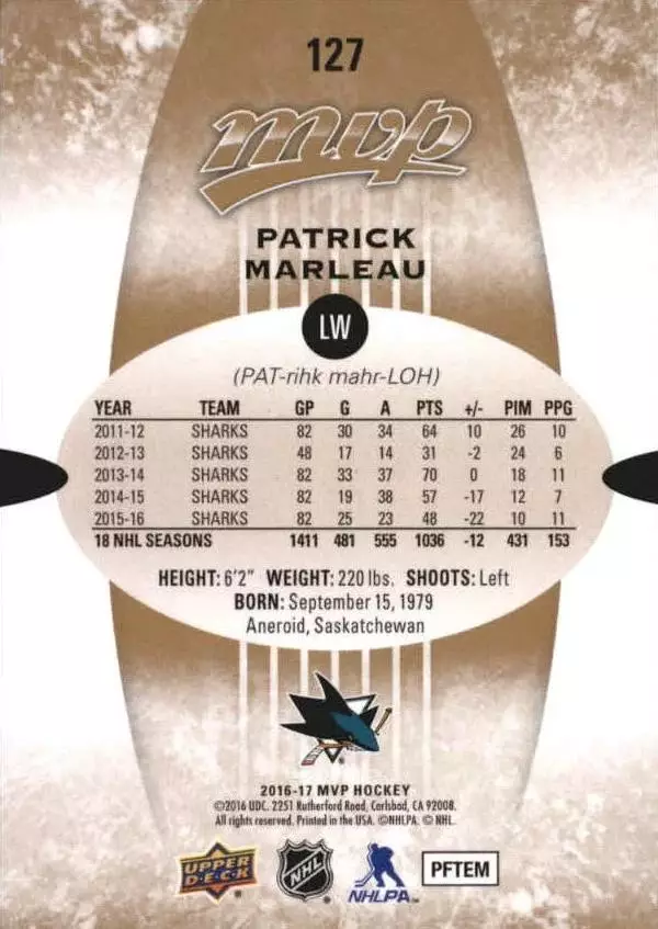 2016-17 Upper Deck MVP #127 Patrick Marleau 1