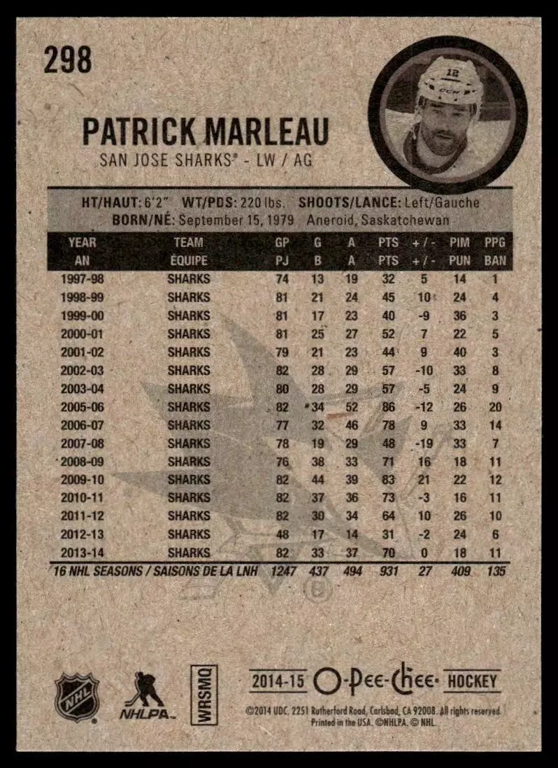 2014-15 O-Pee-Chee #298 Patrick Marleau 1
