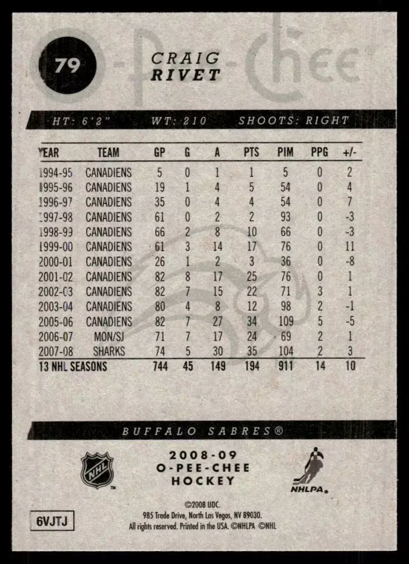 2008-09 O-Pee-Chee #79 Craig Rivet 1