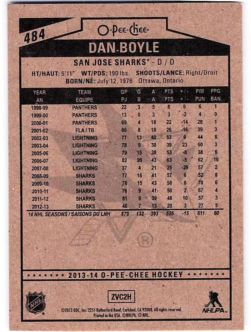 2013-14 O-Pee-Chee #484 Dan Boyle 1