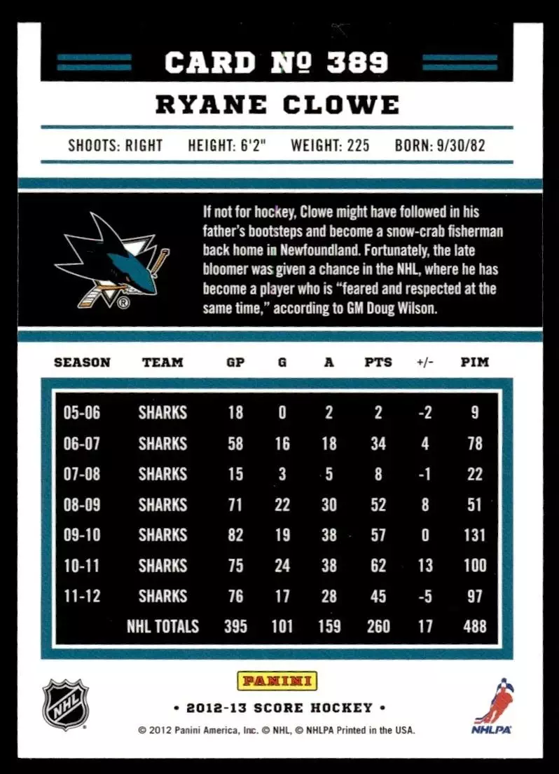 2012-13 Score #389 Ryane Clowe 1