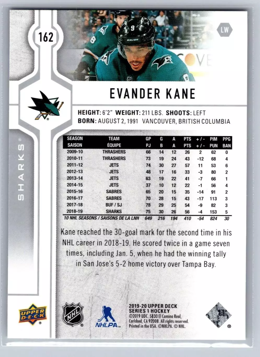 2019-20 Upper Deck #162 Evander Kane 1