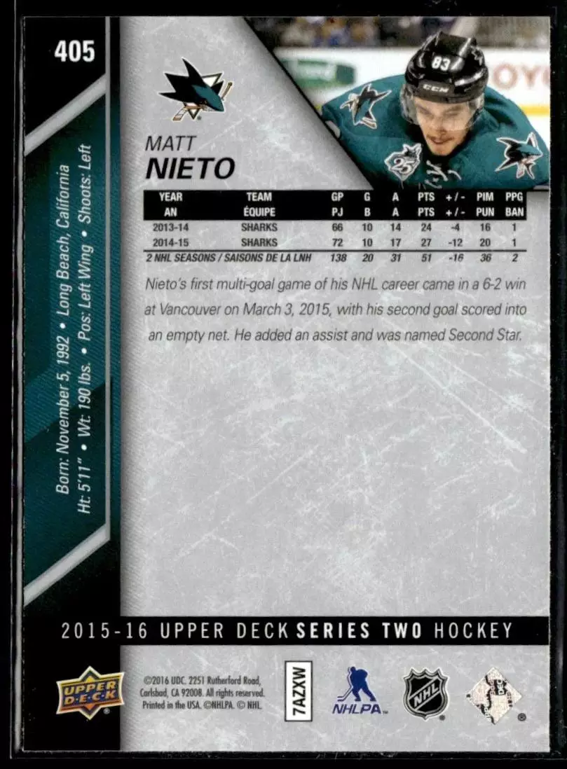 2015-16 Upper Deck #405 Matt Nieto 1