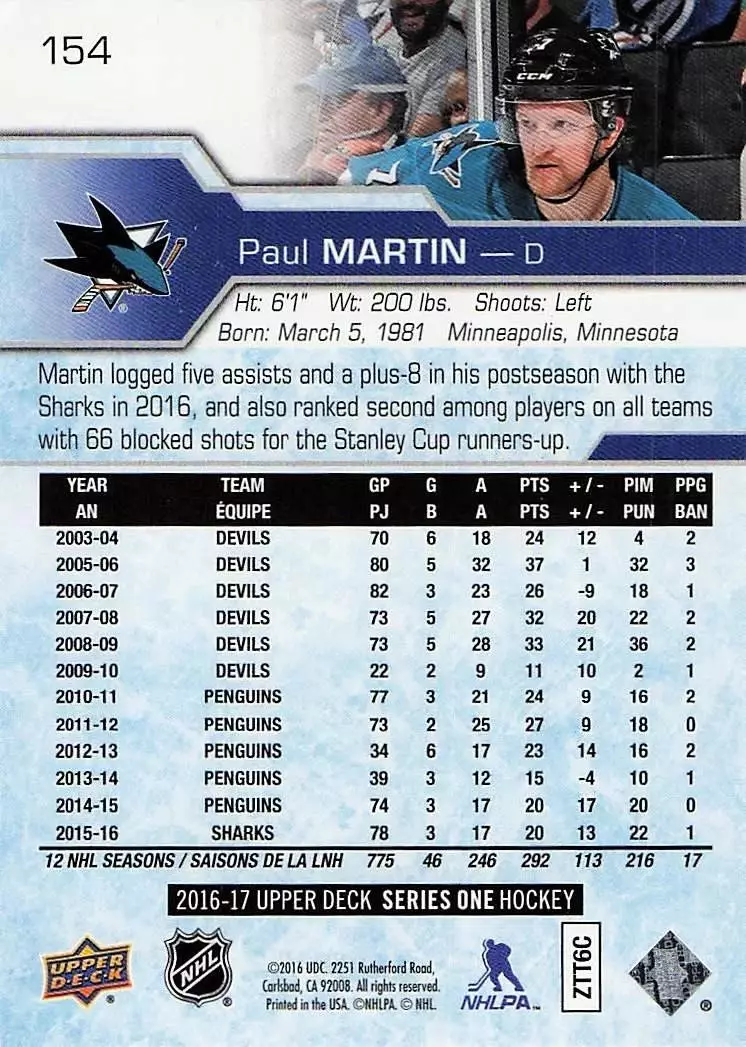 2016-17 Upper Deck #154 Paul Martin 1