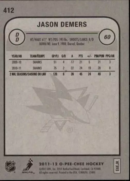2011-12 O-Pee-Chee #412 Jason Demers 1