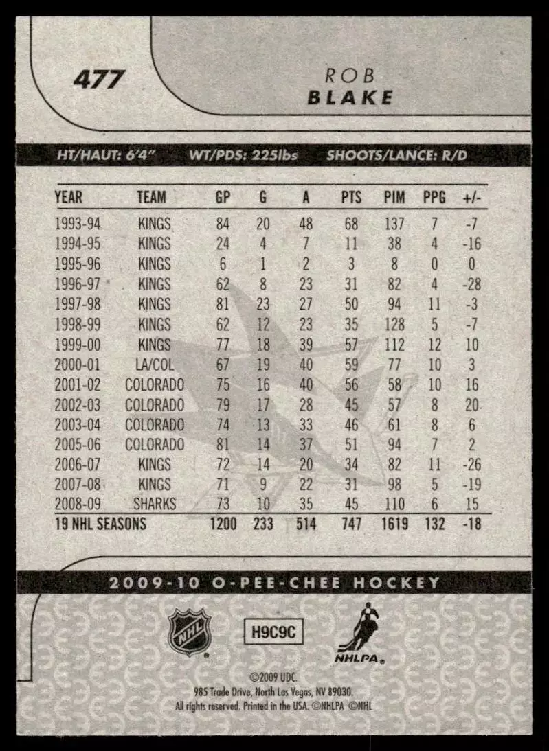 2009-10 O-Pee-Chee #477 Rob Blake 1