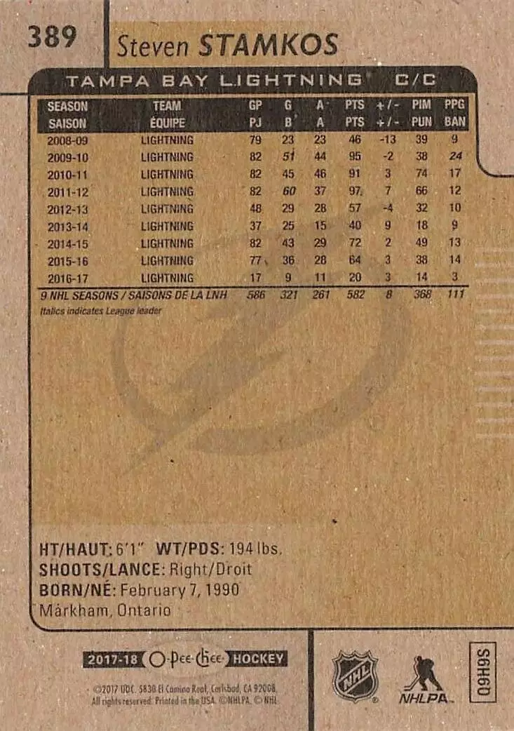 2017-18 O-Pee-Chee #389 Steven Stamkos 1