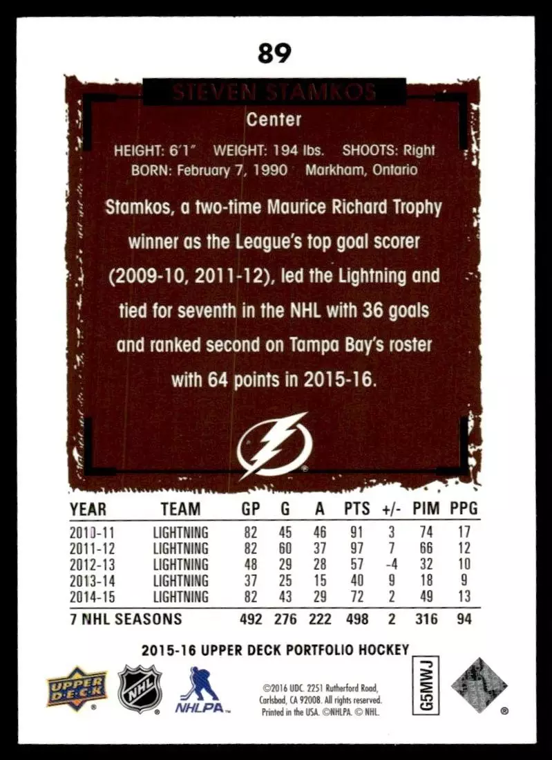 2015-16 Upper Deck Portfolio #89 Steven Stamkos 1