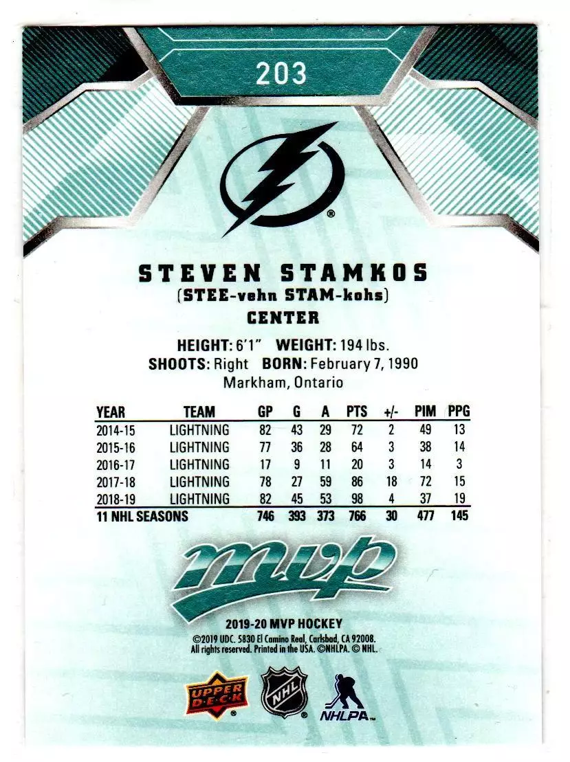 2019-20 Upper Deck MVP #203 Steven Stamkos SP 1