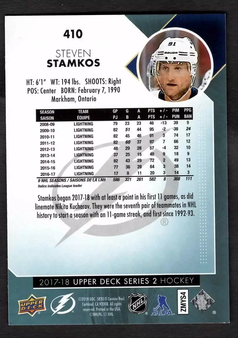 2017-18 Upper Deck #410 Steven Stamkos 1