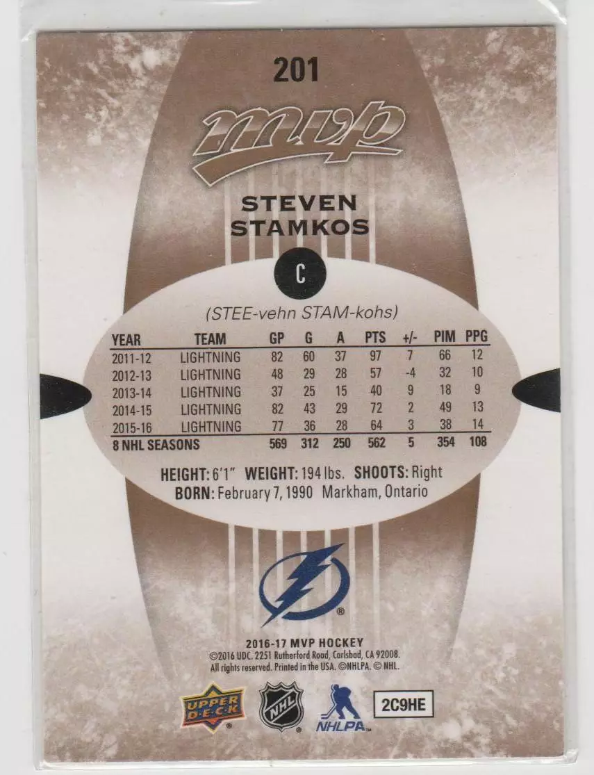 2016-17 Upper Deck MVP #201 Steven Stamkos 1