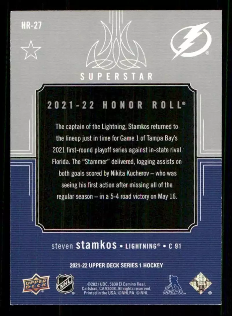 2021-22 Upper Deck Honor Roll #HR27 Steven Stamkos 1