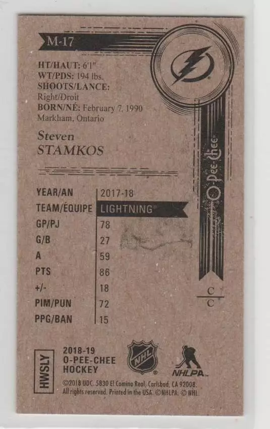 2018-19 O-Pee-Chee Mini #M17 Steven Stamkos 1