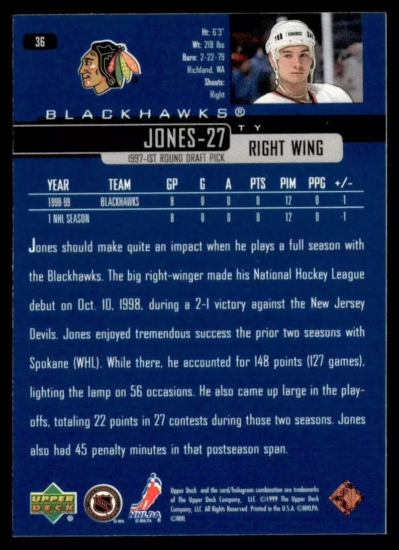 1999-00 Upper Deck #36 Ty Jones 1