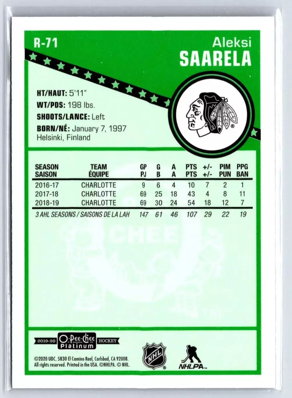 2019-20 O-Pee-Chee Platinum Retro #R71 Aleksi Saarela 1