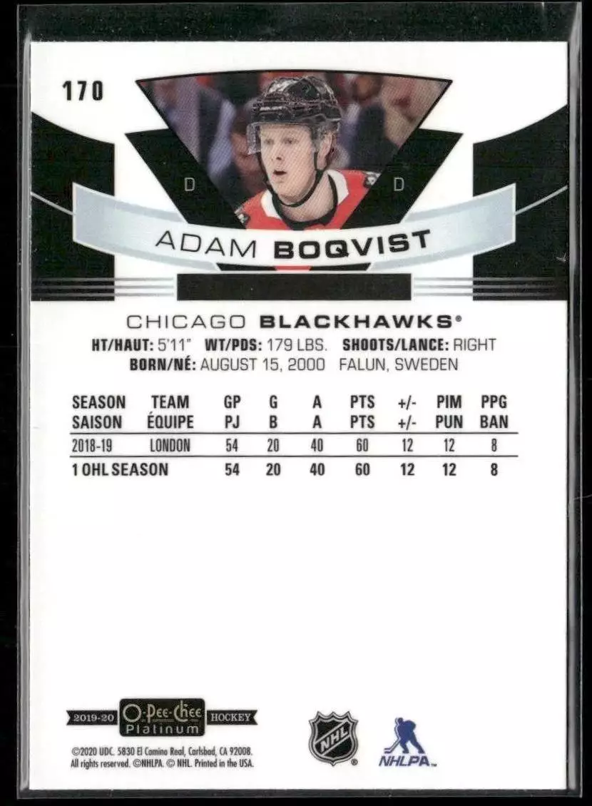 2019-20 O-Pee-Chee Platinum #170 Adam Boqvist RC 1