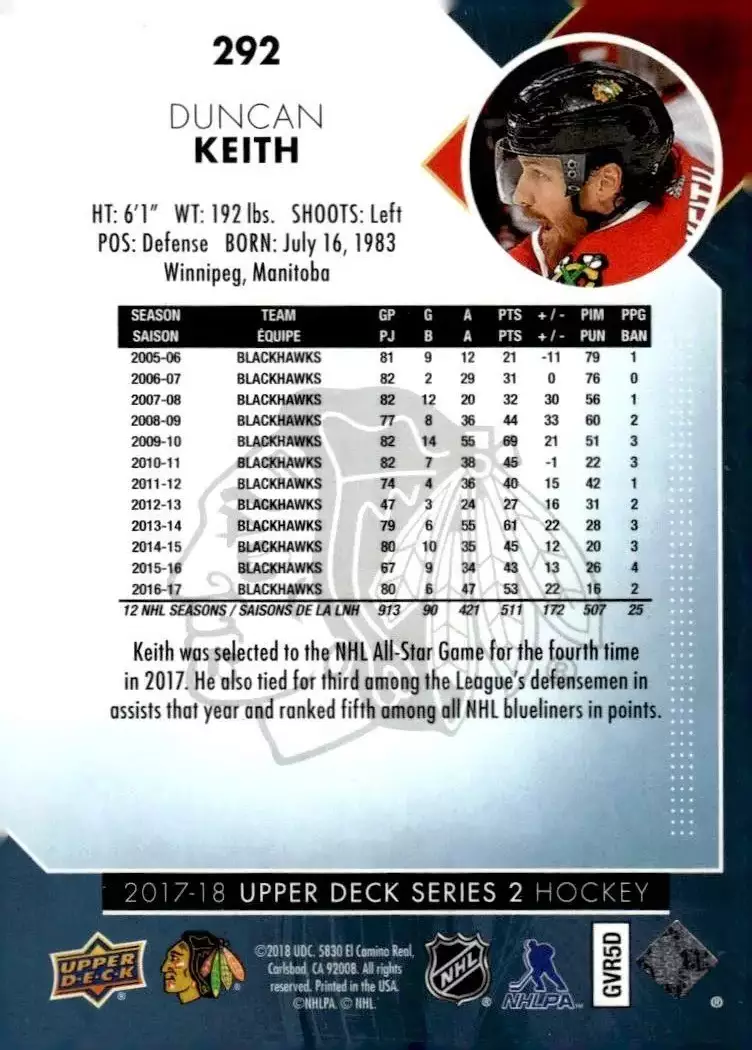 2017-18 Upper Deck #292 Duncan Keith 1