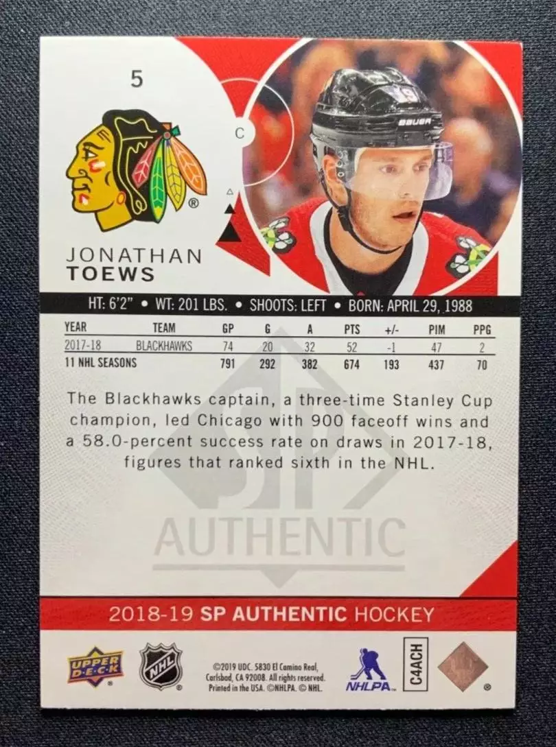 2018-19 SP Authentic #5 Jonathan Toews 1