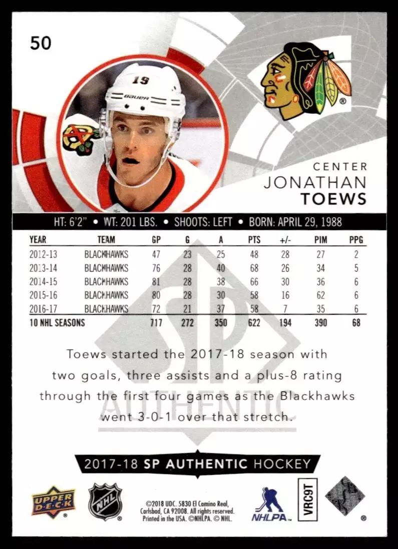 2017-18 SP Authentic #50 Jonathan Toews 1