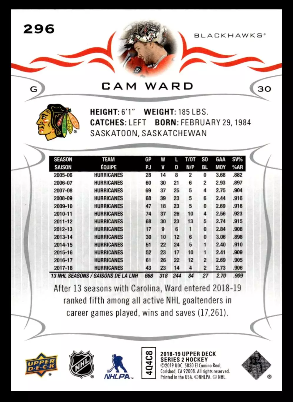 2018-19 Upper Deck #296 Cam Ward 1