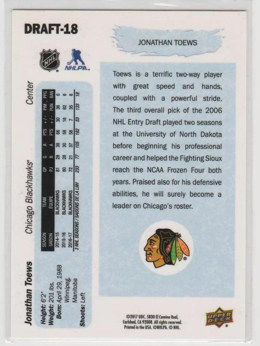 2016-17 Upper Deck Draft #DRAFT18 Jonathan Toews 1