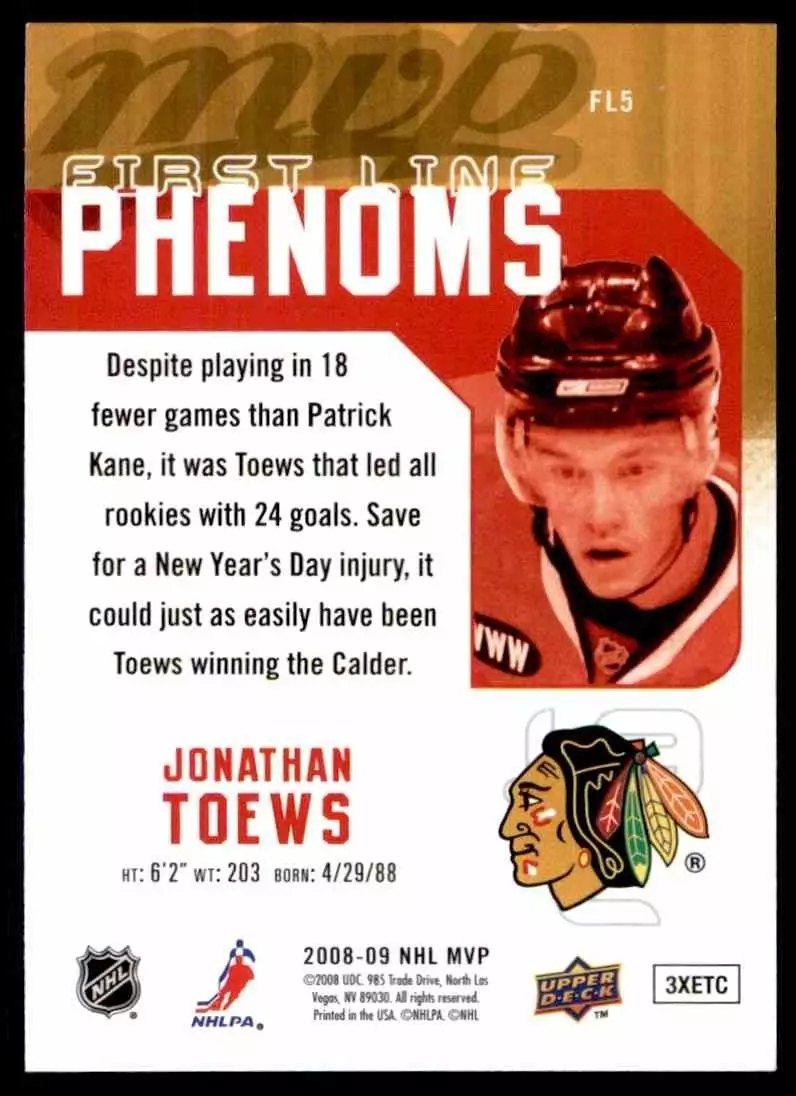 2008-09 Upper Deck MVP First Line Phenoms #FL5 Jonathan Toews 1