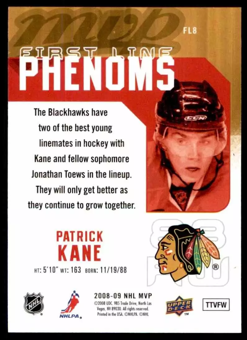 2008-09 Upper Deck MVP First Line Phenoms #FL8 Patrick Kane 1